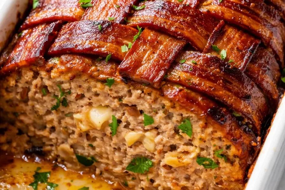Juicy spicy jalapeño popper meatloaf sliced on a plate with gooey melted cheese and crispy bacon, golden brown crust.