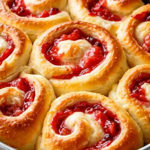 Freshly baked strawberry cheesecake sweet rolls with cream cheese glaze and fresh strawberries, soft and fluffy texture.