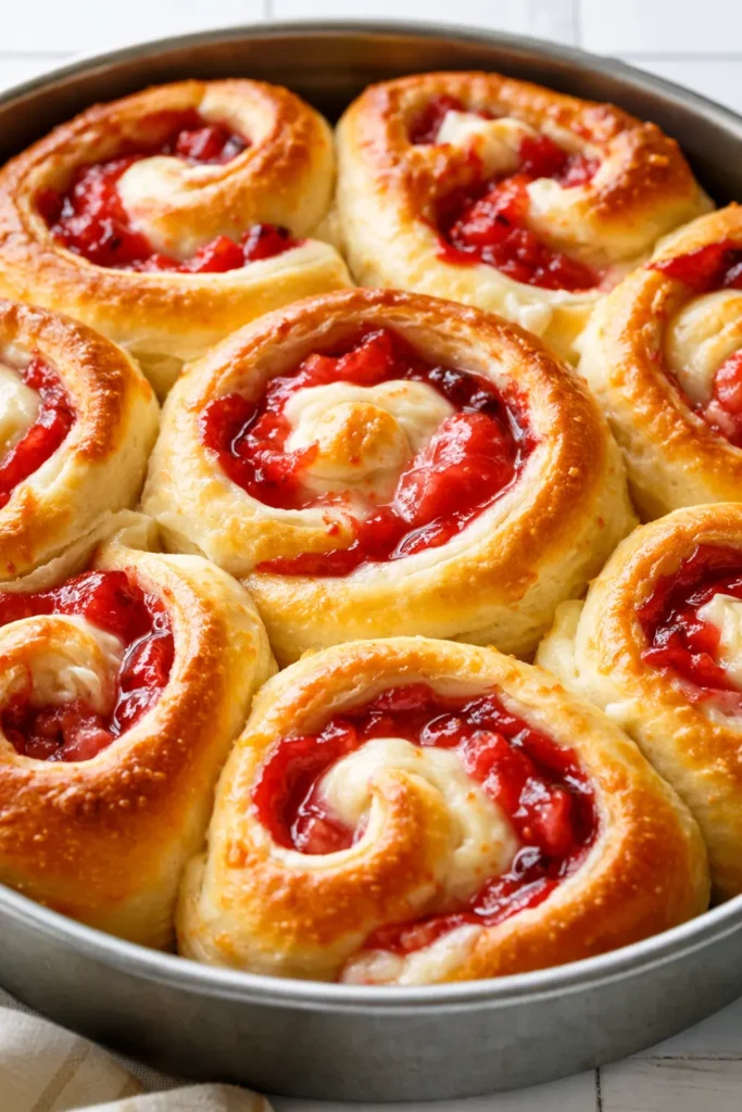 Freshly baked strawberry cheesecake sweet rolls with cream cheese glaze and fresh strawberries, soft and fluffy texture.