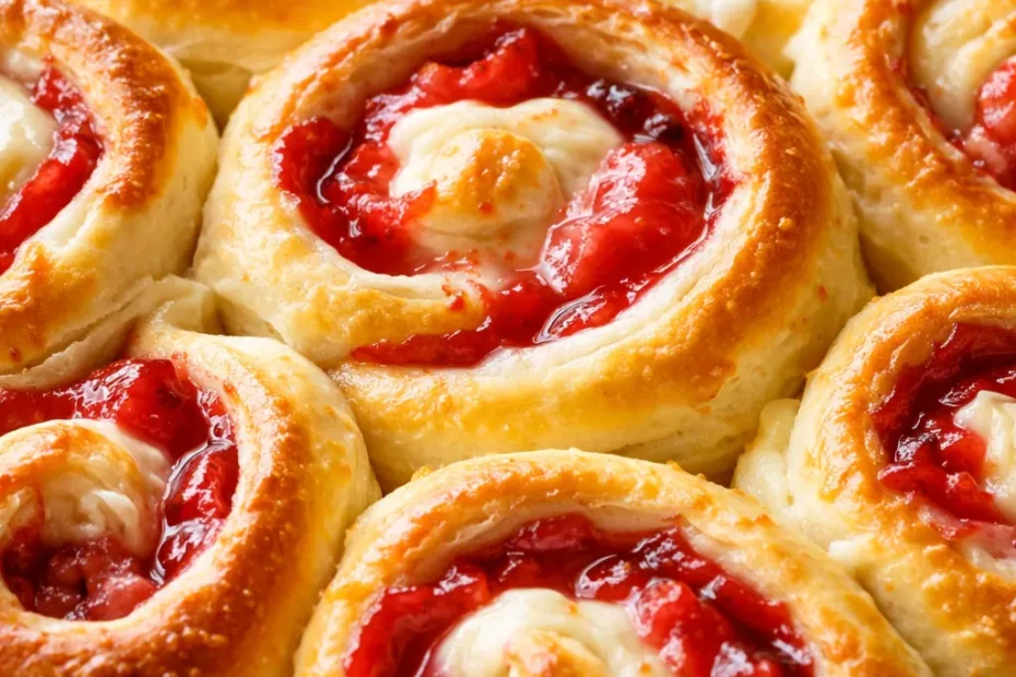 Freshly baked strawberry cheesecake sweet rolls with cream cheese glaze and fresh strawberries, soft and fluffy texture.