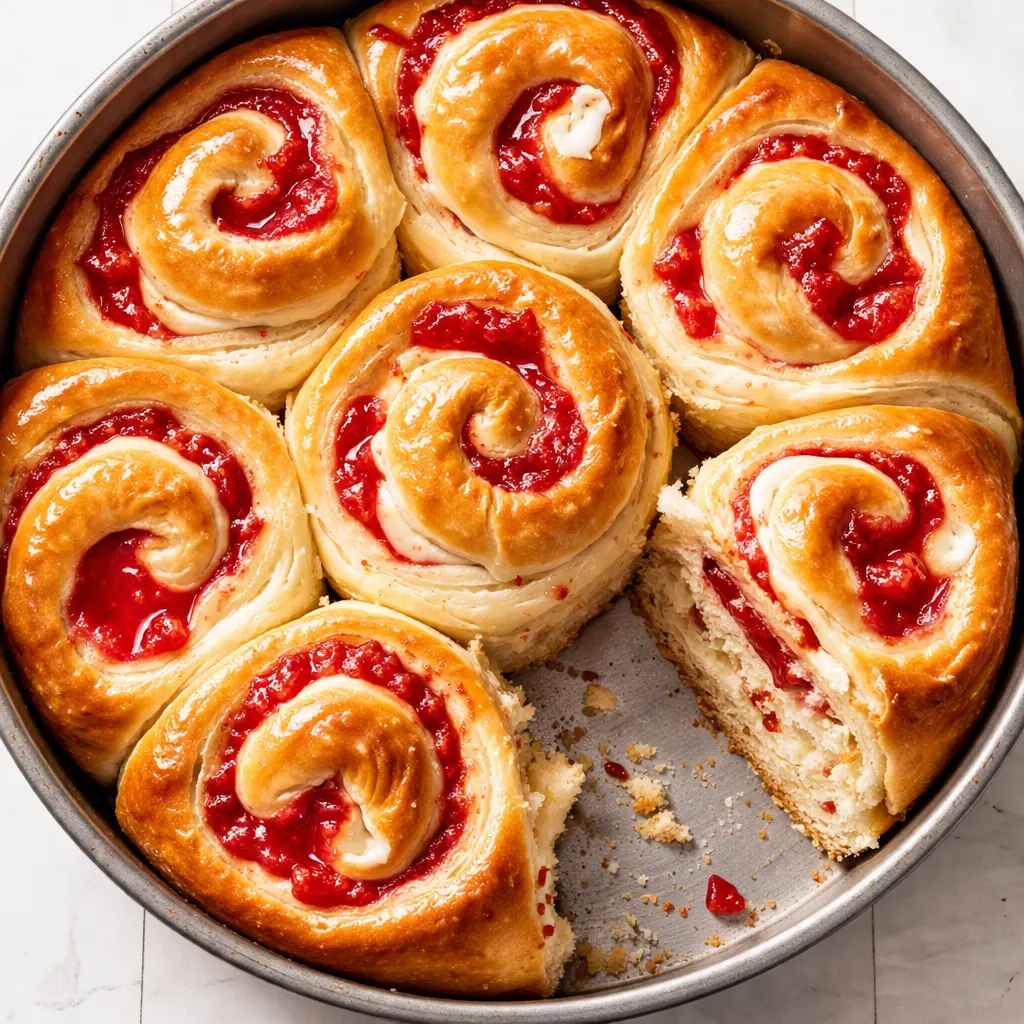 Strawberry cheesecake sweet rolls topped with cream cheese glaze and fresh strawberry slices, soft and fluffy texture.