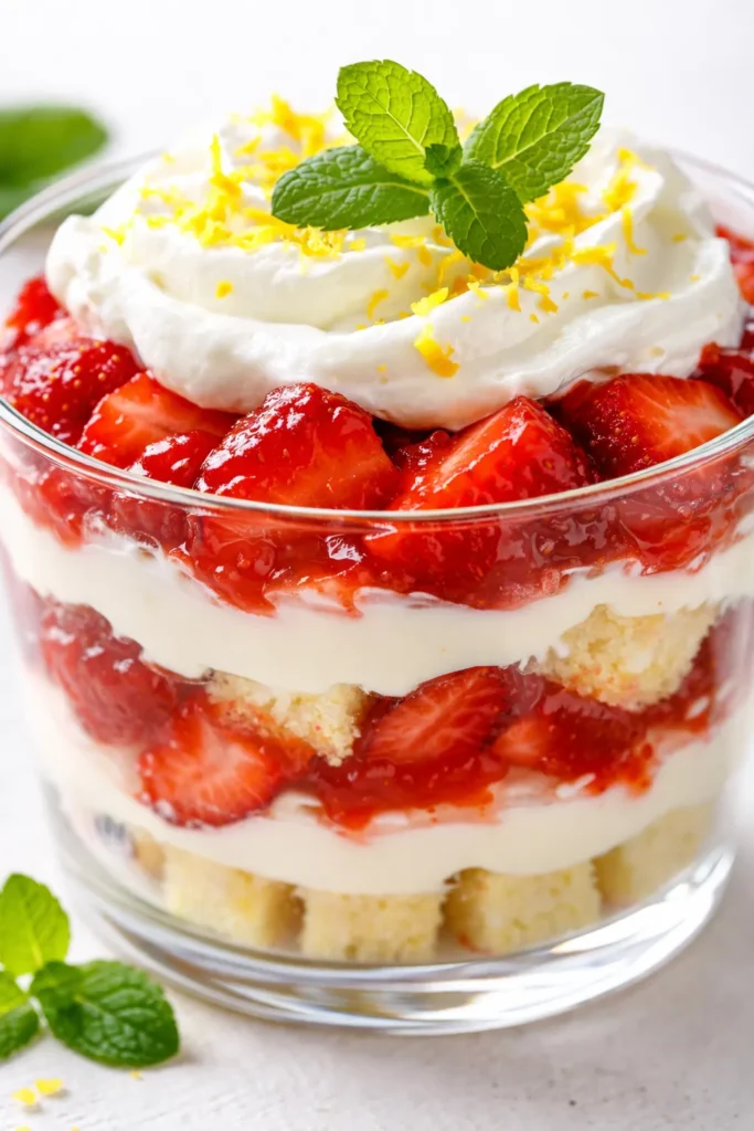 Layered strawberry cheesecake trifle in a glass bowl with creamy cheesecake filling, fresh strawberries, and crumbled cake pieces.