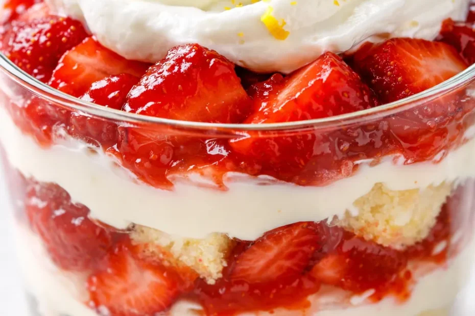 Layered strawberry cheesecake trifle in a glass bowl with creamy cheesecake filling, fresh strawberries, and crumbled cake pieces.