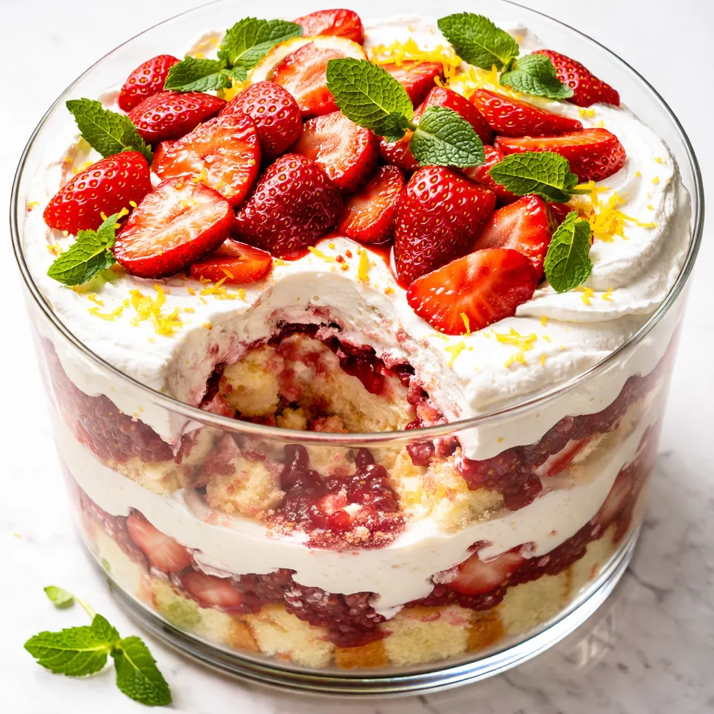 Layered strawberry cheesecake trifle with creamy filling, fresh strawberries, and golden sponge cake cubes in a glass bowl, resembling a pastry case.
