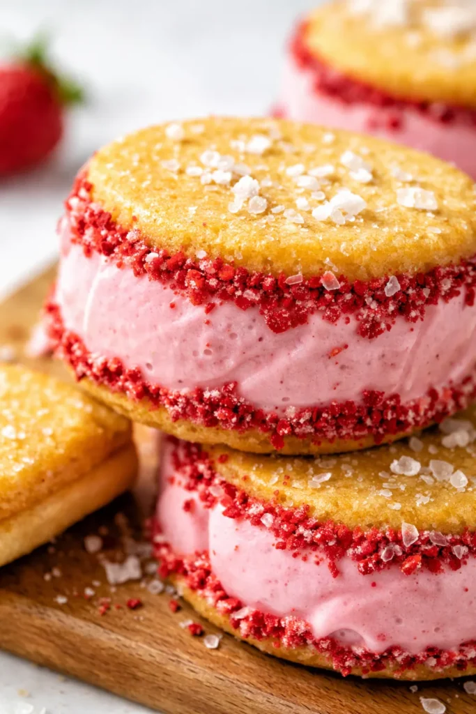 A stack of strawberry ice cream sandwiches made with store-bought cookies, showing creamy pink ice cream between golden cookies with strawberry pieces.