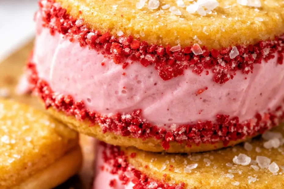 A stack of strawberry ice cream sandwiches made with store-bought cookies, showing creamy pink ice cream between golden cookies with strawberry pieces.