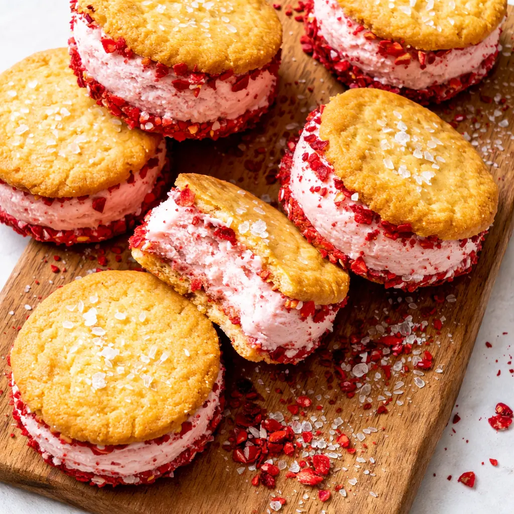 Assembling strawberry ice cream sandwiches with store-bought cookies and creamy strawberry filling on a wooden board.