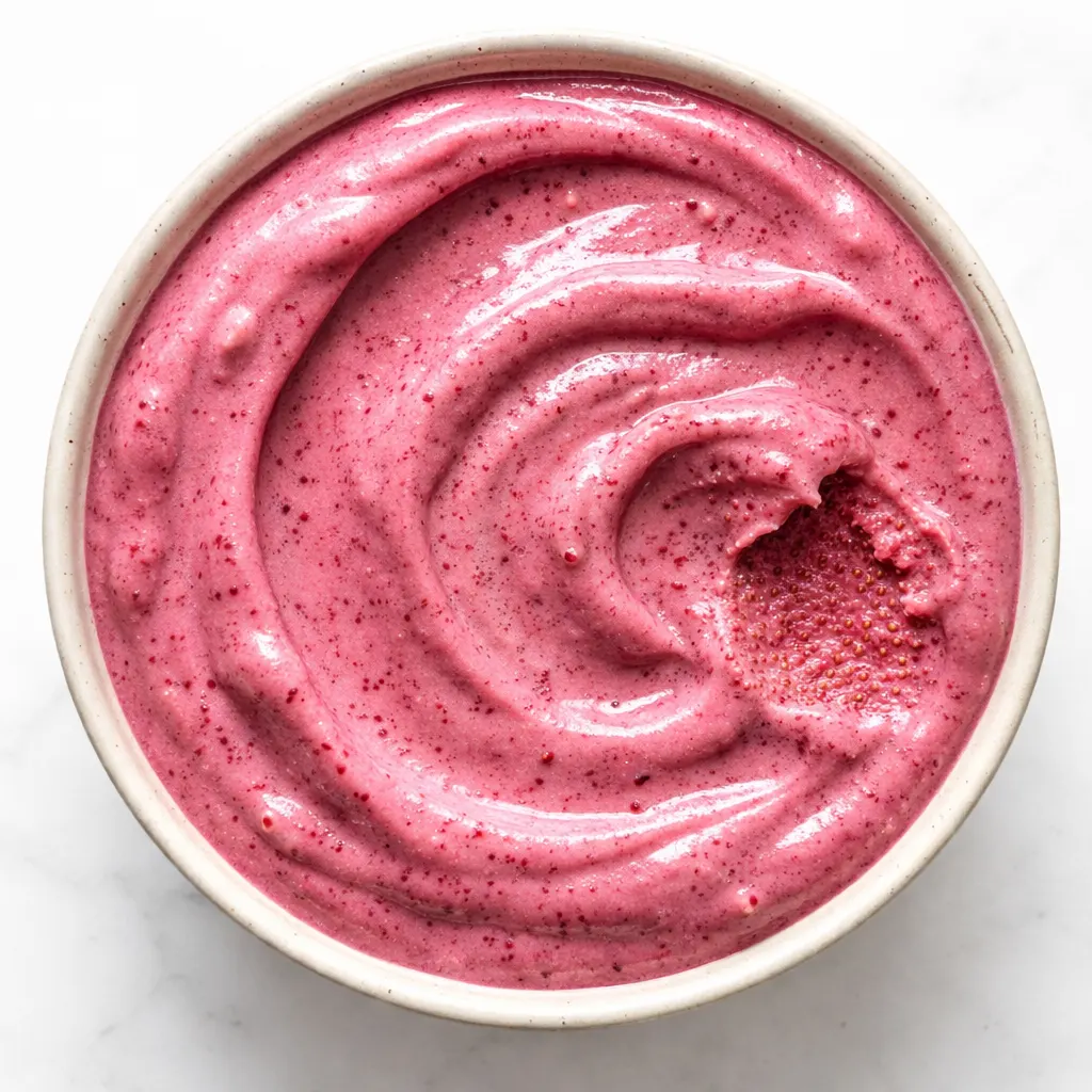 A vibrant strawberry and raspberry smoothie bowl with creamy pink texture, topped with fresh berries and seeds.