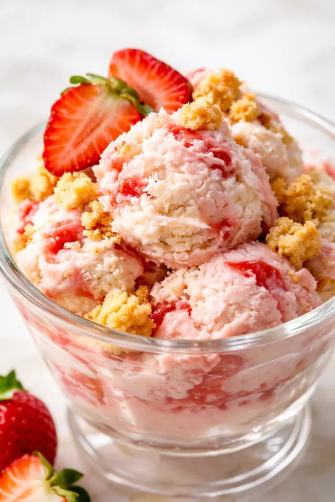 A scoop of no-churn strawberry shortcake ice cream in a bowl, studded with strawberry pieces and shortcake chunks, creamy pink and white dessert.