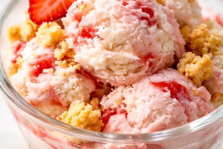 A scoop of no-churn strawberry shortcake ice cream in a bowl, studded with strawberry pieces and shortcake chunks, creamy pink and white dessert.