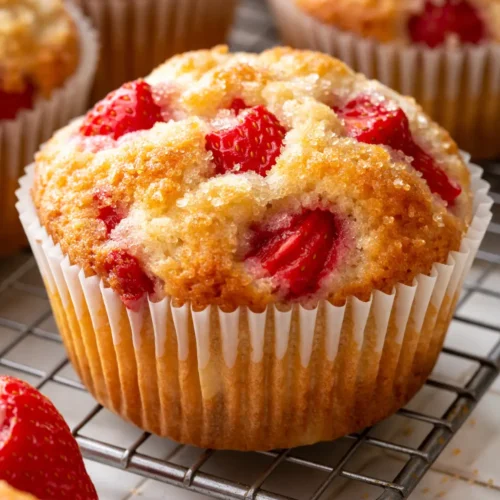 Golden brown strawberry shortcake muffins with a crunchy sugar lid, topped with fresh strawberries and a sprinkle of sugar crystals.