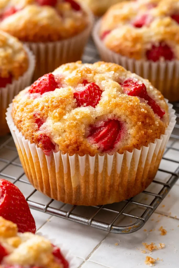 Golden brown strawberry shortcake muffins with a crunchy sugar lid, topped with fresh strawberries and a sprinkle of sugar crystals.