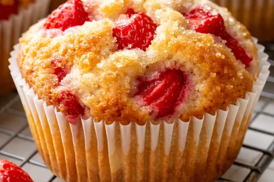 Golden brown strawberry shortcake muffins with a crunchy sugar lid, topped with fresh strawberries and a sprinkle of sugar crystals.