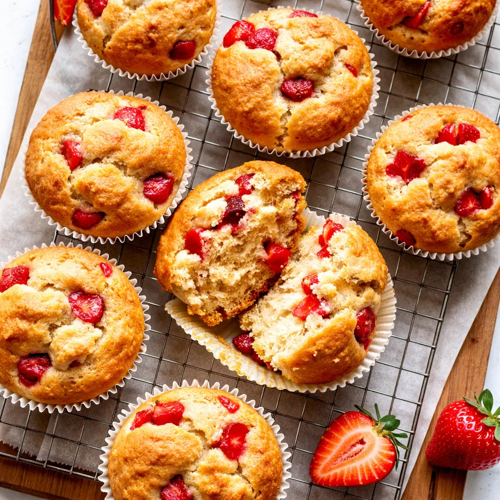 Freshly baked strawberry shortcake muffins with a crackly sugar lid and juicy strawberry bits peeking through.