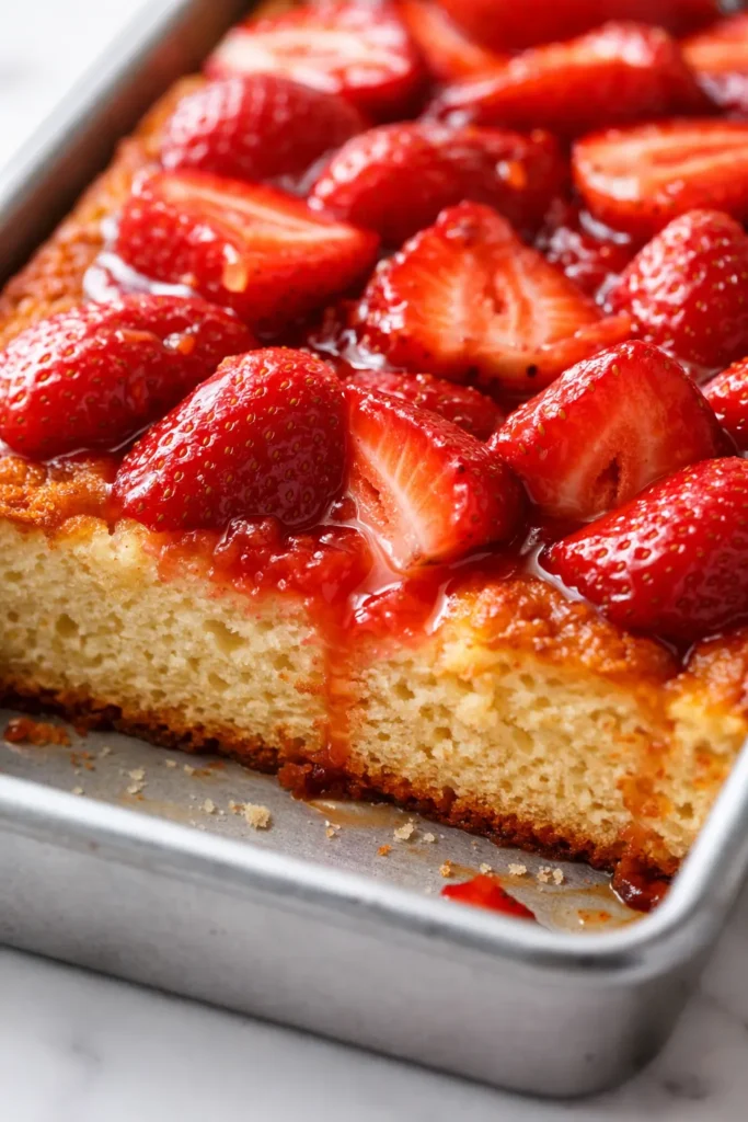 Golden brown strawberry shortcake sheet cake topped with fresh strawberries and whipped cream, made with toasted milk for rich flavor.