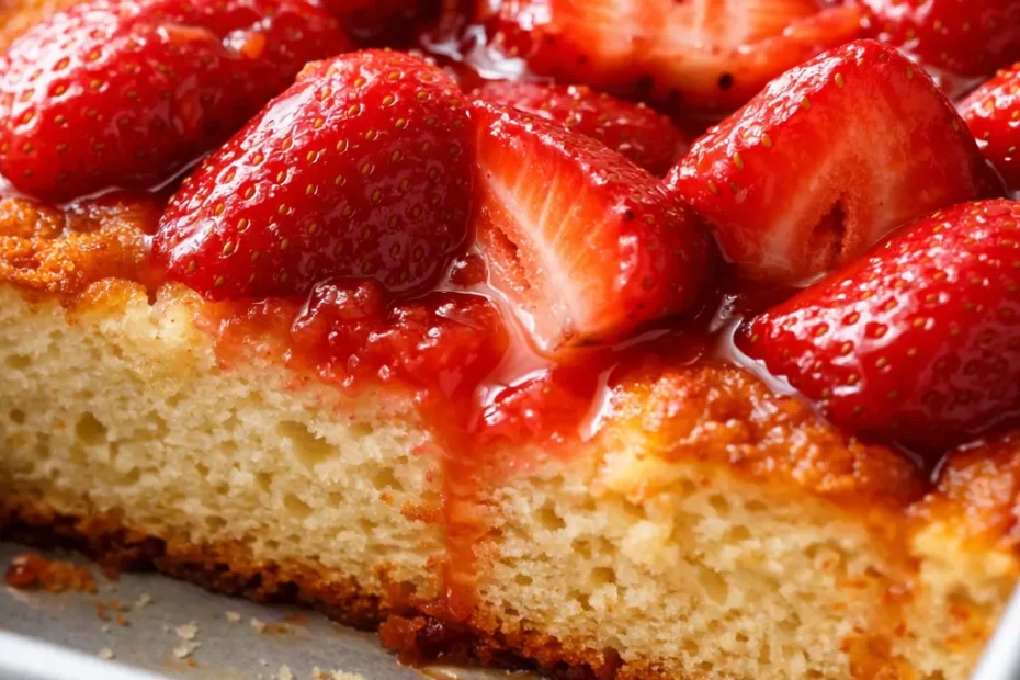 Golden brown strawberry shortcake sheet cake topped with fresh strawberries and whipped cream, made with toasted milk for rich flavor.