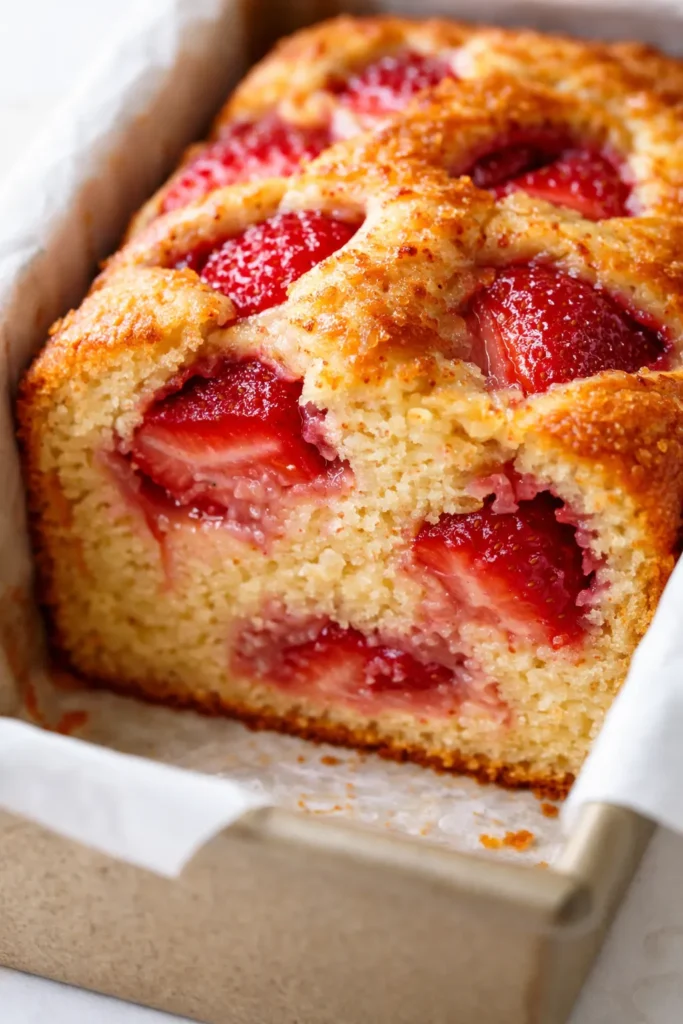 Strawberry yogurt cake slice with creamy white frosting and fresh strawberry slices, moist crumb visible on a white plate.