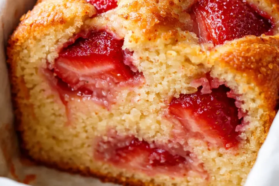 Strawberry yogurt cake slice with creamy white frosting and fresh strawberry slices, moist crumb visible on a white plate.