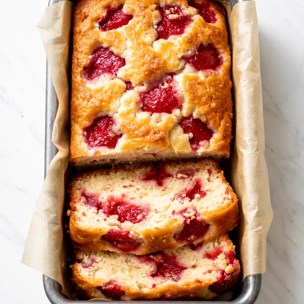 A beautifully moist strawberry yogurt cake with a golden crust and fresh strawberry slices on top, light and fluffy texture.