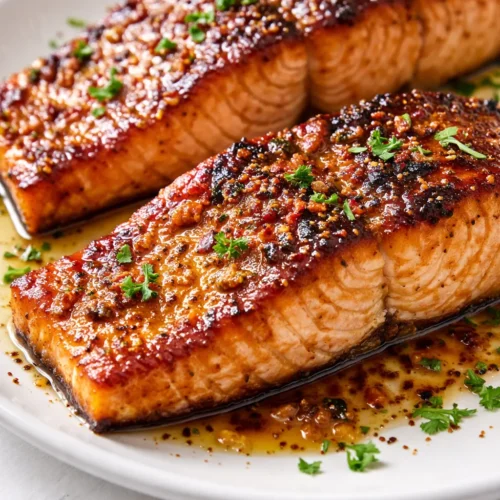 Glazed baked salmon fillet with sweet and savory glaze, golden brown and glossy, on a plate.