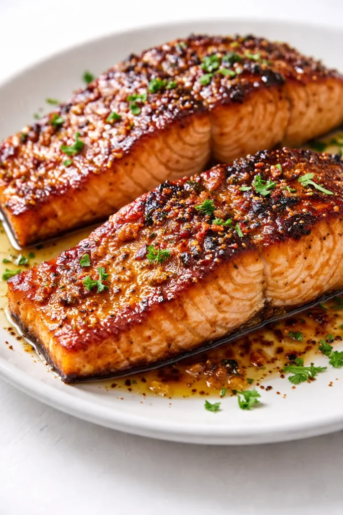 Glazed baked salmon fillet with sweet and savory glaze, golden brown and glossy, on a plate.