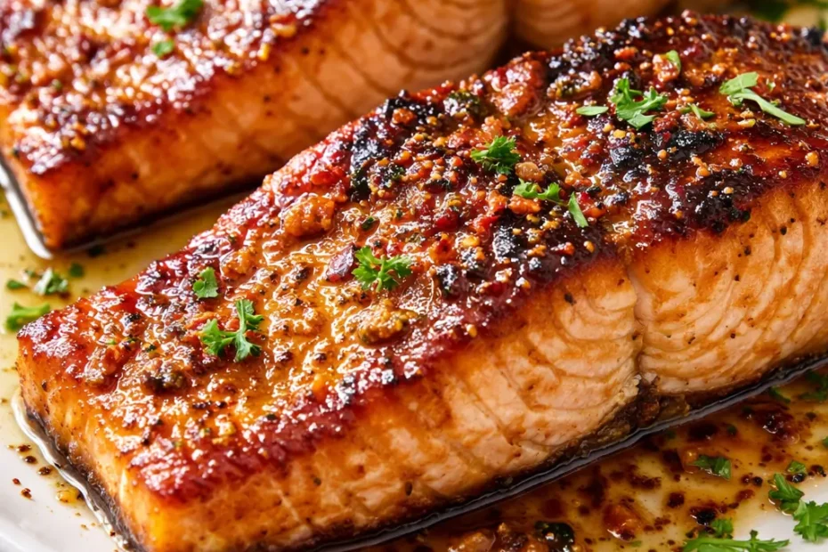 Glazed baked salmon fillet with sweet and savory glaze, golden brown and glossy, on a plate.