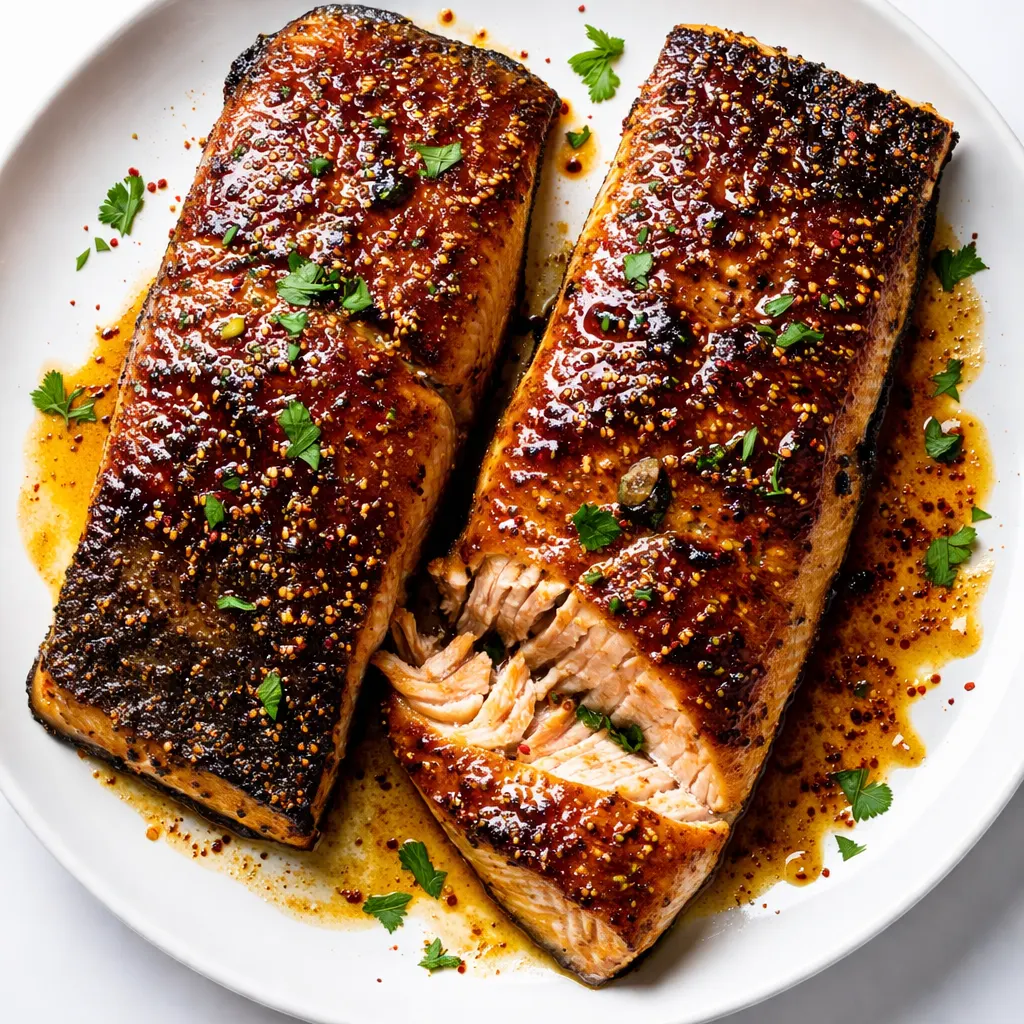 Sweet and savory glaze being brushed over Texas Roadhouse style baked salmon, highlighting golden caramelized edges and flaky texture.