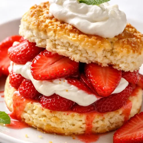 Fluffy golden biscuit topped with juicy strawberries and a dollop of whipped cream on a white plate, strawberry shortcake.