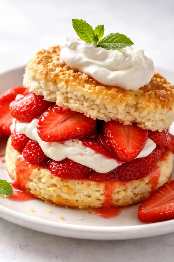 Fluffy golden biscuit topped with juicy strawberries and a dollop of whipped cream on a white plate, strawberry shortcake.