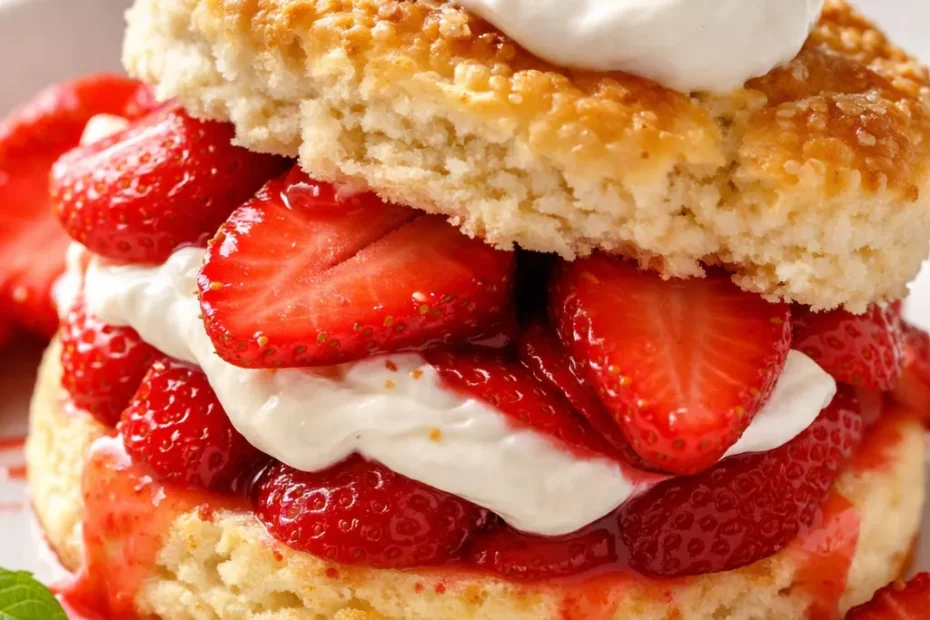 Fluffy golden biscuit topped with juicy strawberries and a dollop of whipped cream on a white plate, strawberry shortcake.