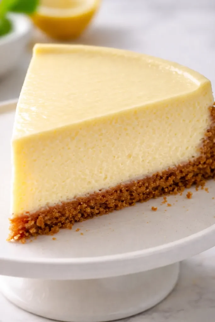Ultimate creamy lemon cheesecake with smooth, pale yellow filling and golden crust, topped with fresh lemon slices.