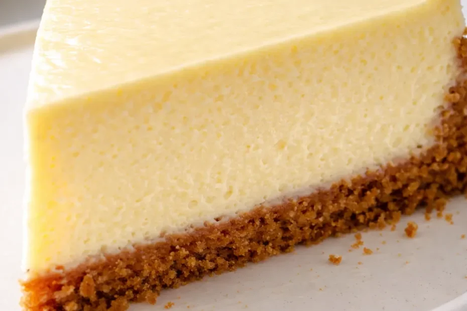 Ultimate creamy lemon cheesecake with smooth, pale yellow filling and golden crust, topped with fresh lemon slices.
