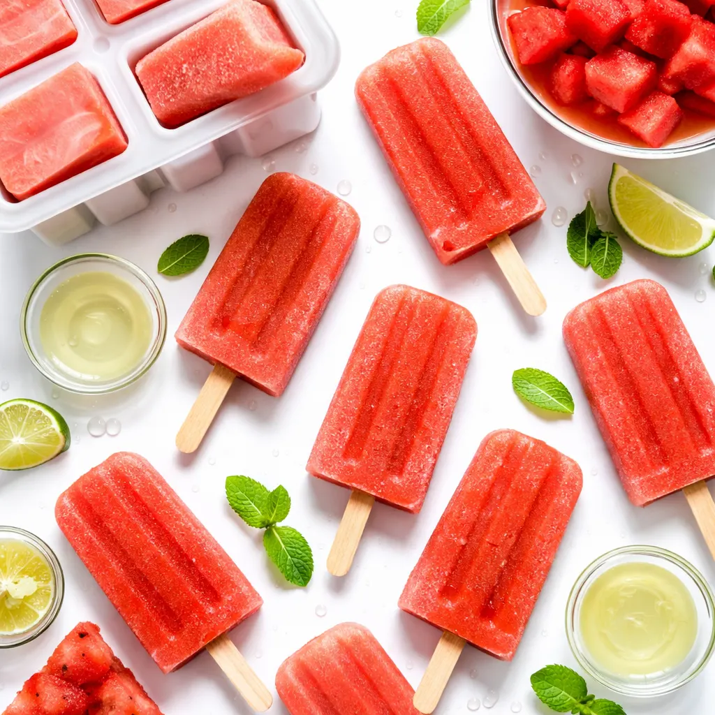 Bright pink watermelon puree being poured into popsicle molds, smooth texture with no ice crystals.