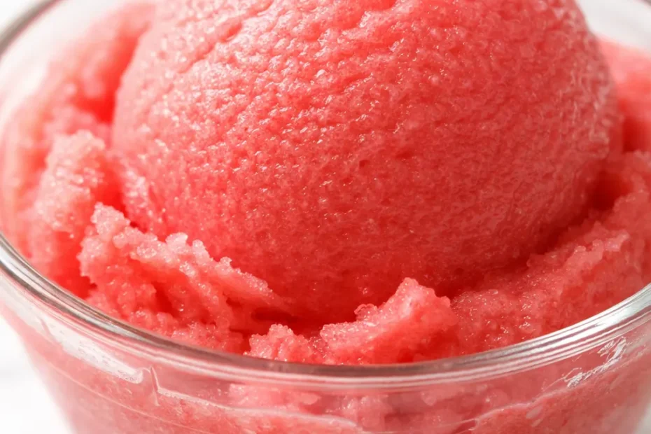 Vibrant pink watermelon sorbet scoop in a white bowl, smooth and icy texture, garnished with fresh mint leaves