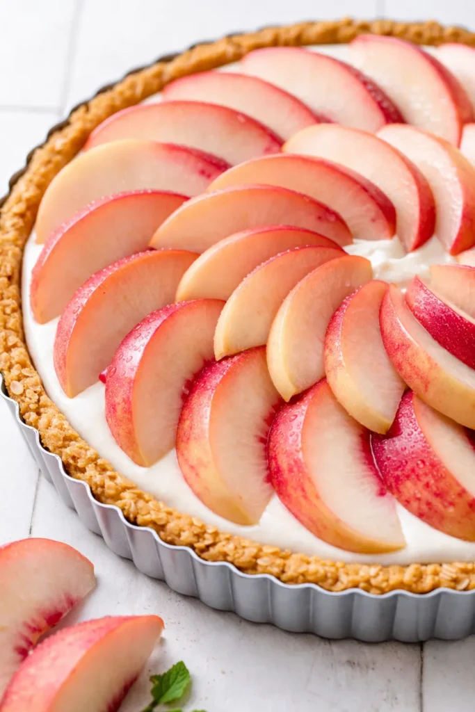 Slice of white peach mascarpone tart on a white plate, revealing creamy filling and golden, flaky crust.