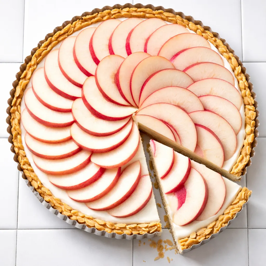 Creamy mascarpone layer spread over a pre-baked tart shell, with slices of ripe white peach arranged on top to prevent sogginess.