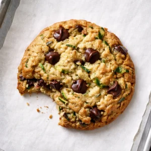 Freshly baked zucchini chocolate chip cookies on a cooling rack, golden brown with melted chocolate chips.