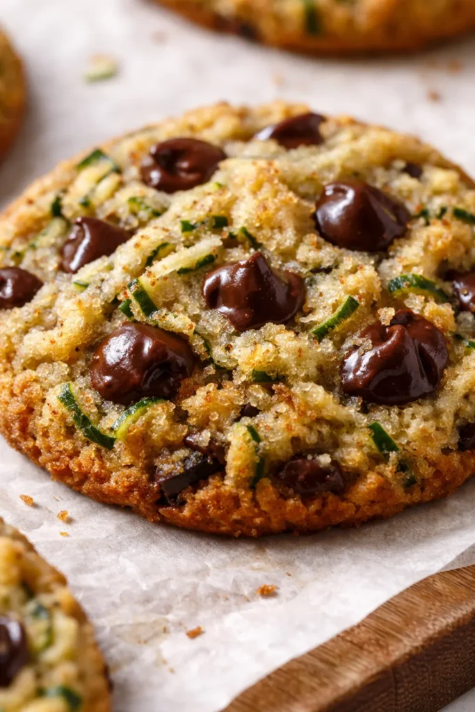 Soft and chewy zucchini chocolate chip cookies with melty chocolate chips and a golden brown crumb top.