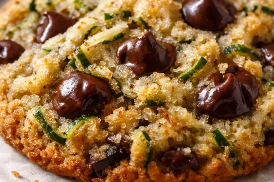 Soft and chewy zucchini chocolate chip cookies with melty chocolate chips and a golden brown crumb top.