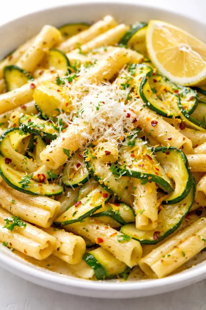 Bright pasta with zucchini lemon garlic sauce, creamy and light, topped with fresh herbs and lemon zest.