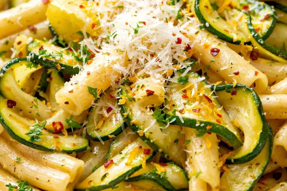 Bright pasta with zucchini lemon garlic sauce, creamy and light, topped with fresh herbs and lemon zest.