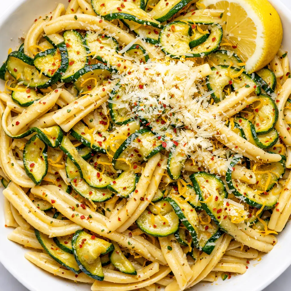 Bright green zucchini lemon garlic sauce coating twirled pasta on a white plate, with visible lemon zest and garlic bits, not watery.