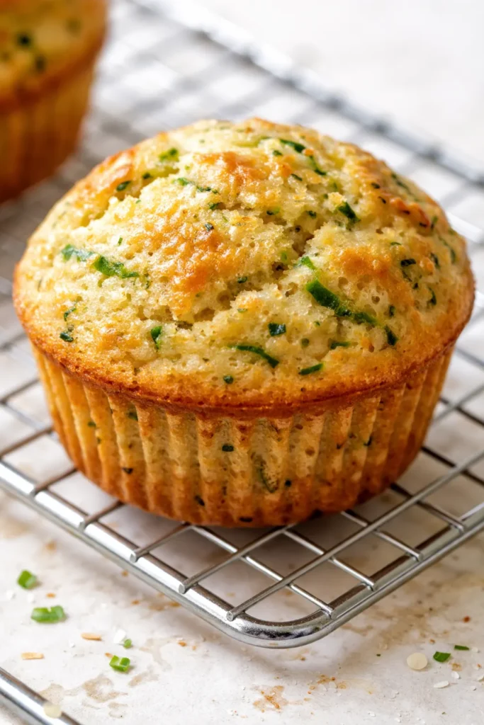 Tall domed zucchini muffins with golden brown tops and super moist crumb, sprinkled with coarse sugar.