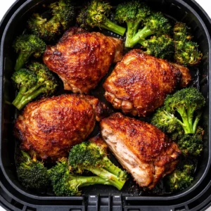 Crispy air fryer chicken pieces and mixed vegetables in a single layer inside the air fryer basket, with golden edges and caramelizing glaze.