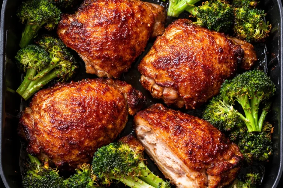 Crispy air fryer chicken pieces and mixed vegetables in a single layer inside the air fryer basket, with golden edges and caramelizing glaze.