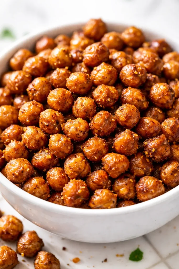 Golden brown air fryer crispy chickpeas piled in a bowl, seasoned with spices and herbs, showcasing a crunchy texture.