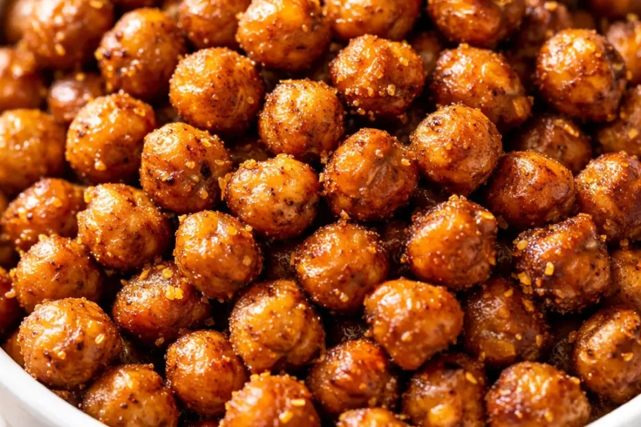 Golden brown air fryer crispy chickpeas piled in a bowl, seasoned with spices and herbs, showcasing a crunchy texture.