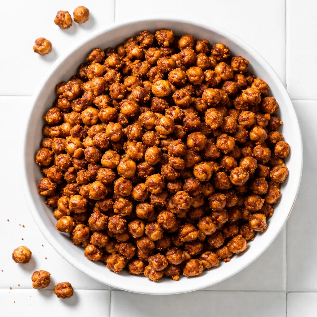 Raw chickpeas mixed with olive oil and spices in a bowl, ready for air frying to make crispy chickpeas.