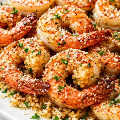 Crispy air fryer garlic parmesan shrimp piled on a plate, golden brown with parsley and melted parmesan specks.