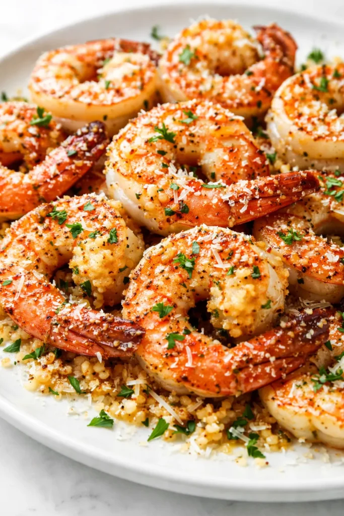 Crispy air fryer garlic parmesan shrimp piled on a plate, golden brown with parsley and melted parmesan specks.